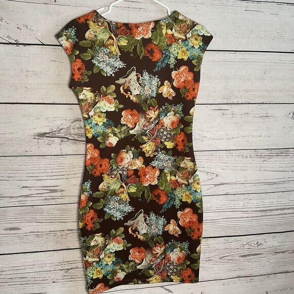 NARINPORN Floral‎ Brown Bodycon Dress Short sleevve Crew Neck Size M Sexy. Mini - Picture 5 of 8